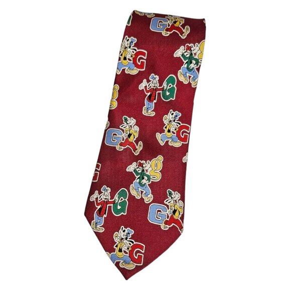 WALT DISNEY Men's 100% Silk Necktie DESIGNER Tie Red Goofy G W:4" EUC